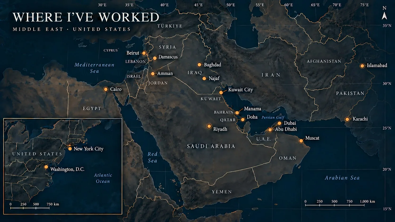 Map titled Where I’ve Worked showing cities across the Middle East, with an inset of New York City and Washington, D.C.